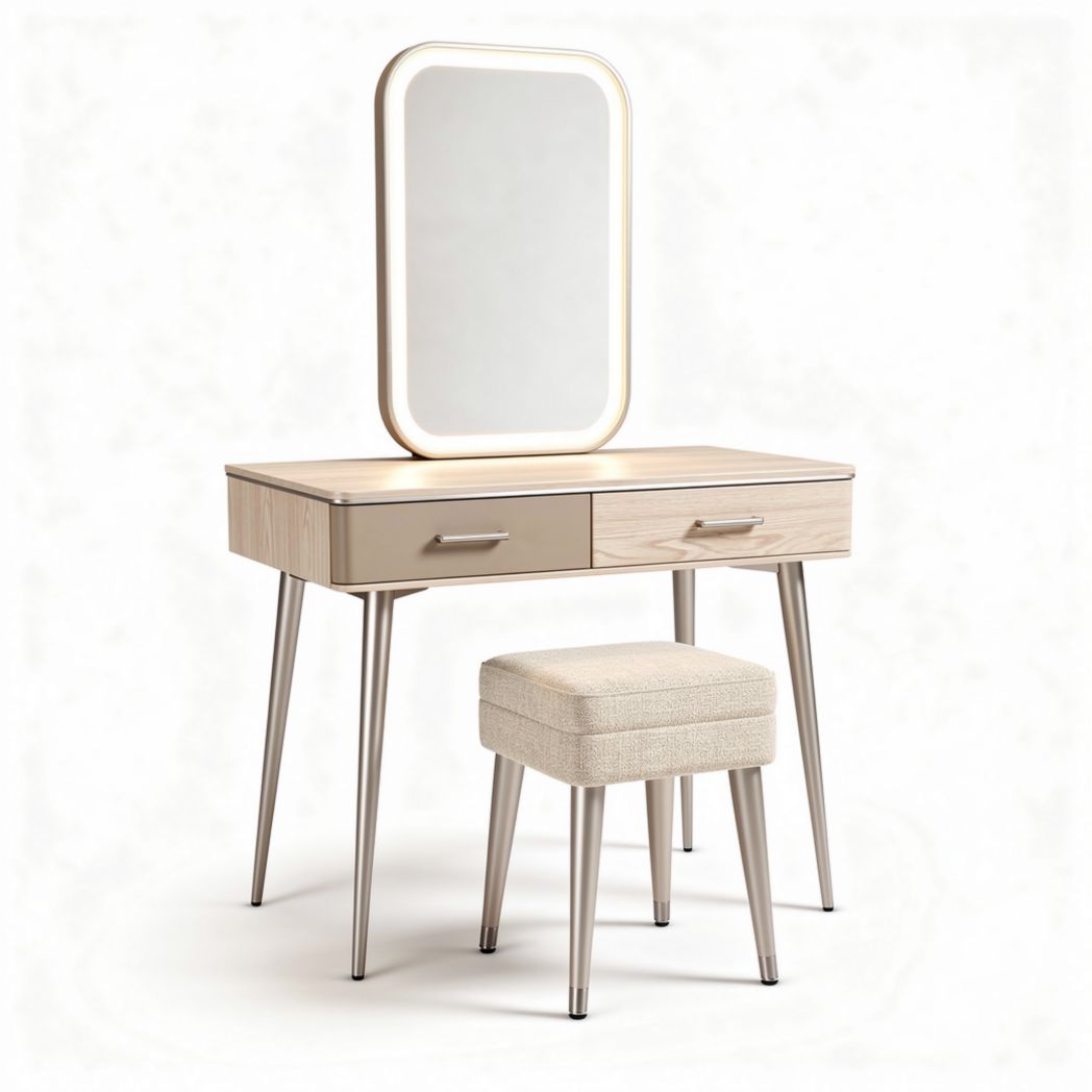 Coiffeuse en bois clair avec miroir et tabouret beige 120 x 50 x 75cm