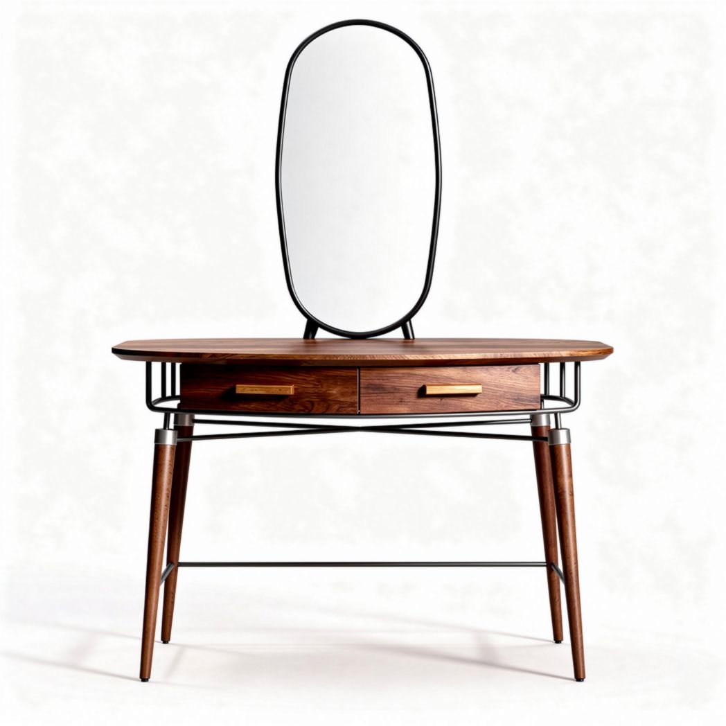 Coiffeuse en bois avec miroir ovale et tiroirs en métal noir 150 x 80 x 170cm