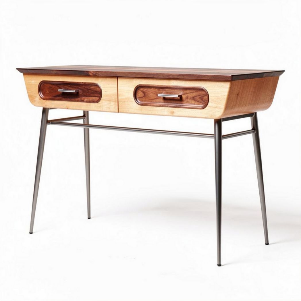 Table console en bois de noyer et métal 120 x 40 x 75cm avec tiroirs